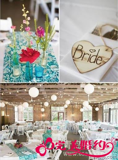 蓝色配白色红色婚礼现场布置