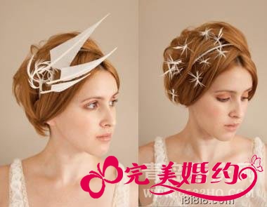 裸妆搭配羽毛装饰的时尚新娘发型